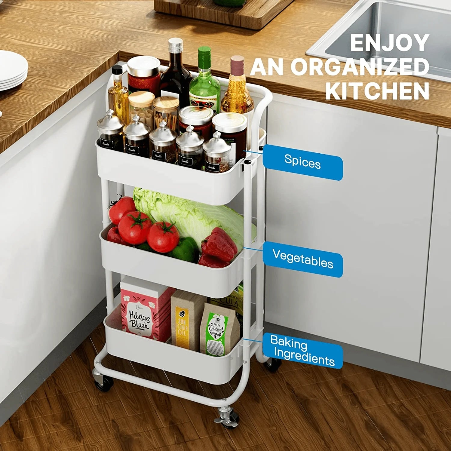 3-Tier Metal Rolling Cart Utility & Storage Cart with Lockable Wheels Kitchen Bathroom Office(White)