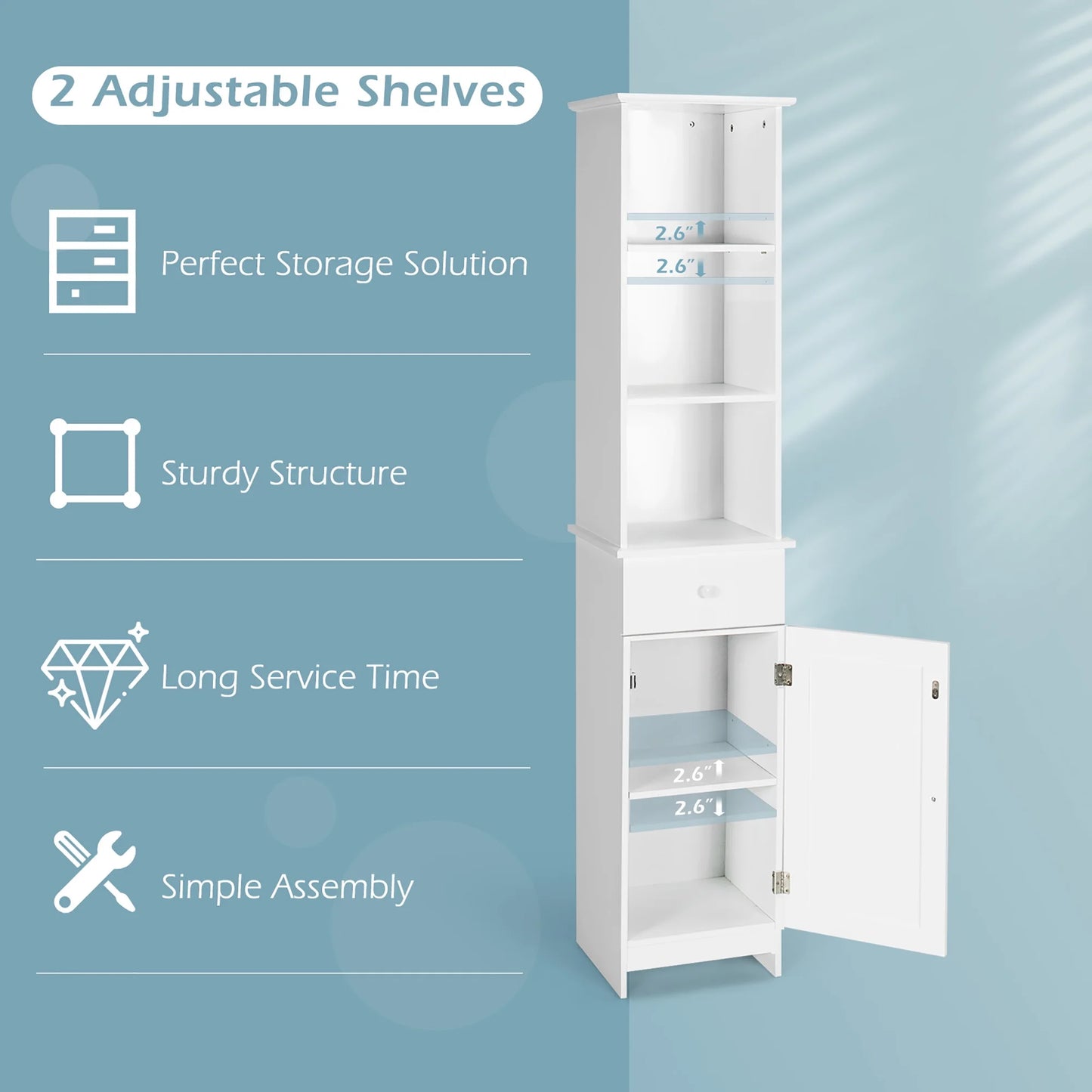 Costway Bathroom Tall Storage Cabinet Freestanding Linen Tower w/Open Shelves & Drawer