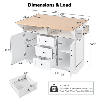 Yoneston 55.7" Kitchen Island with Drop Leaf and Power Outlet, Rolling Kitchen Cart with Spice Towel Rack, Folding Storage Dining Table with 3 Drawers 2 Doors for Kitchen Dining Room, White