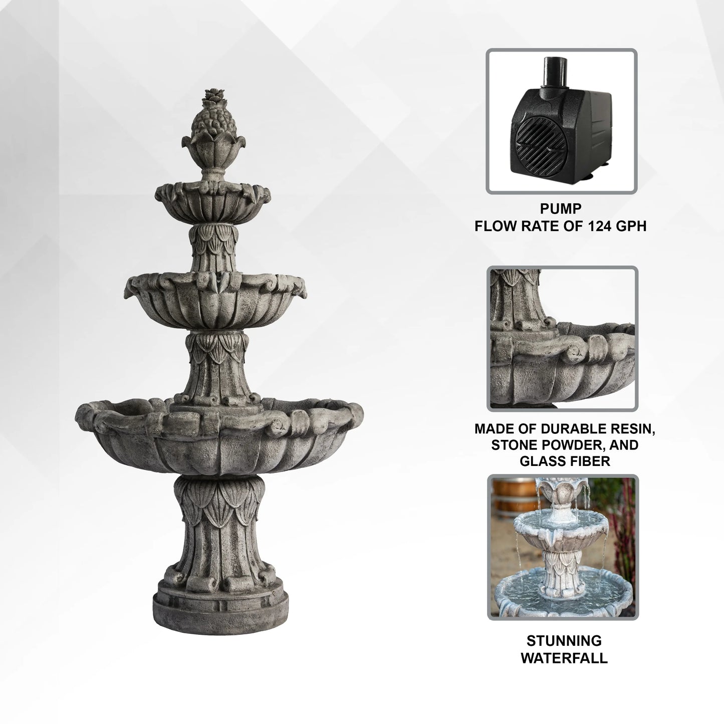 XBrand 58.3" 3-Tier Outdoor Freestanding Water Fountain - Classic Leaf Design, Large Bird Bath with Pump - Ideal for Yard, Lawn and Garden Dcor