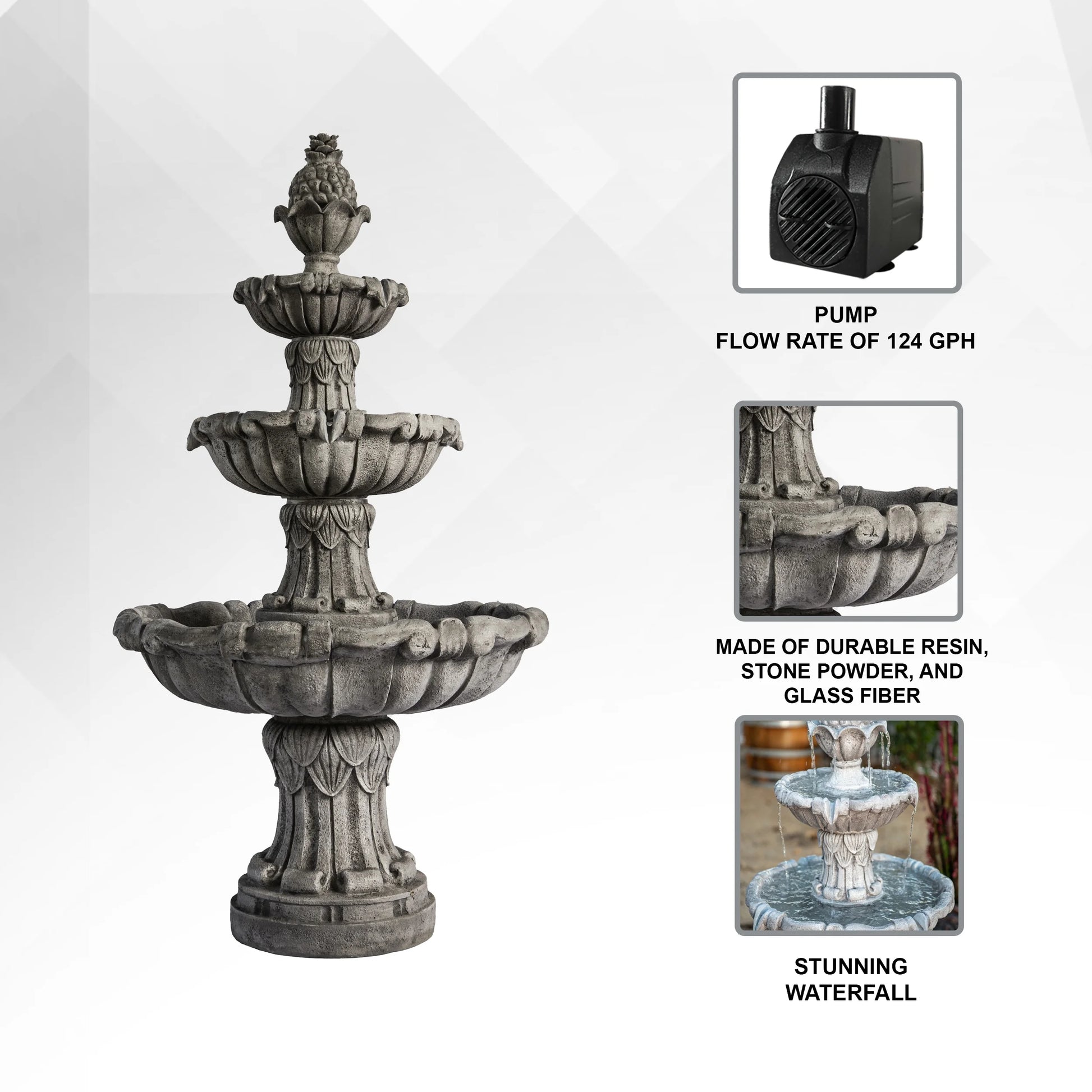 XBrand 58.3" 3-Tier Outdoor Freestanding Water Fountain - Classic Leaf Design, Large Bird Bath with Pump - Ideal for Yard, Lawn and Garden Dcor