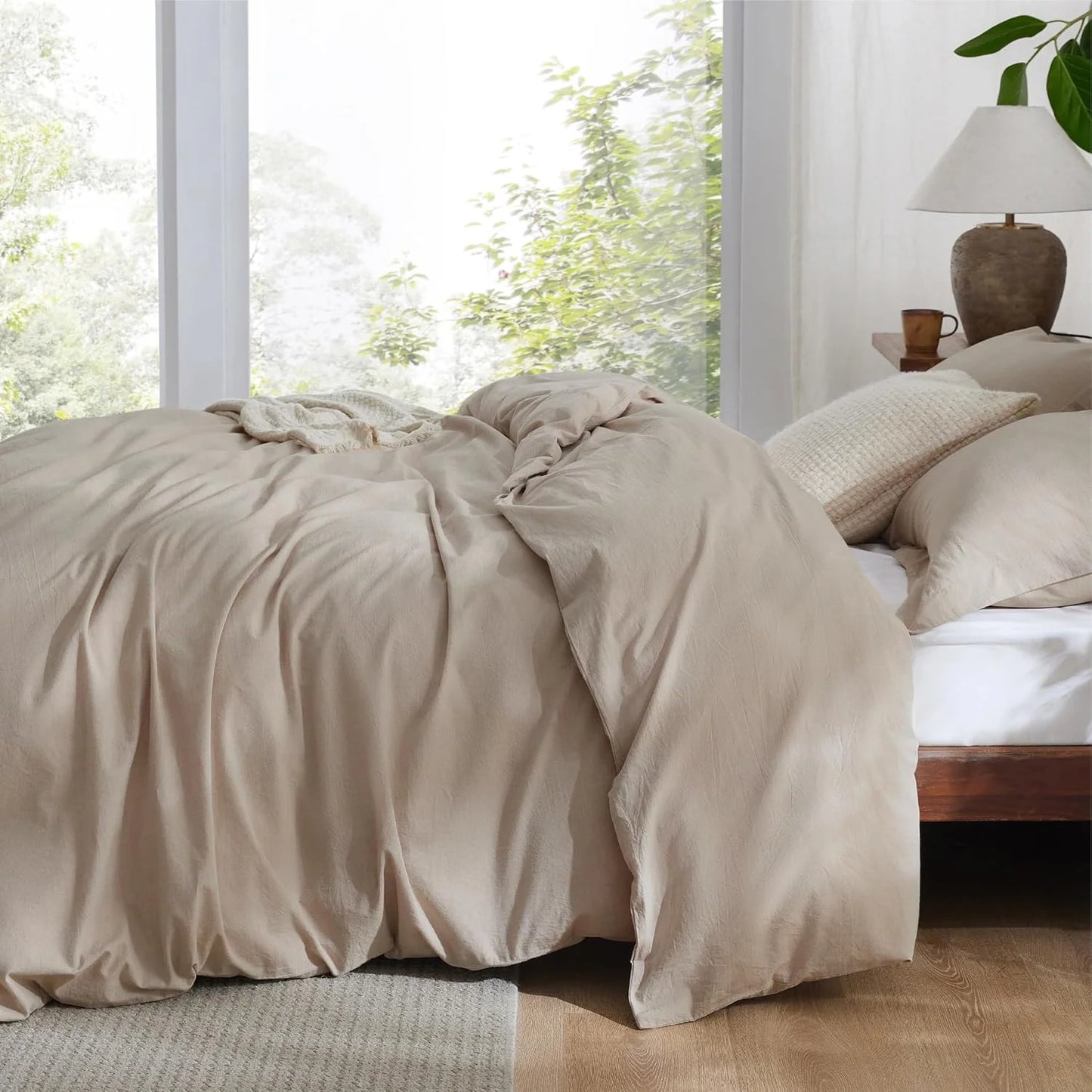 100% Washed Cotton Duvet Cover Queen Size - Warm Sand Minimalist Duvet Cover Linen Like for All Seasons - GentleSoft Plain Simple Bedding