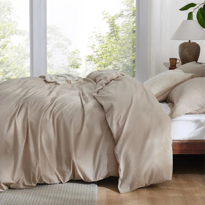 100% Washed Cotton Duvet Cover Queen Size - Warm Sand Minimalist Duvet Cover Linen Like for All Seasons - GentleSoft Plain Simple Bedding