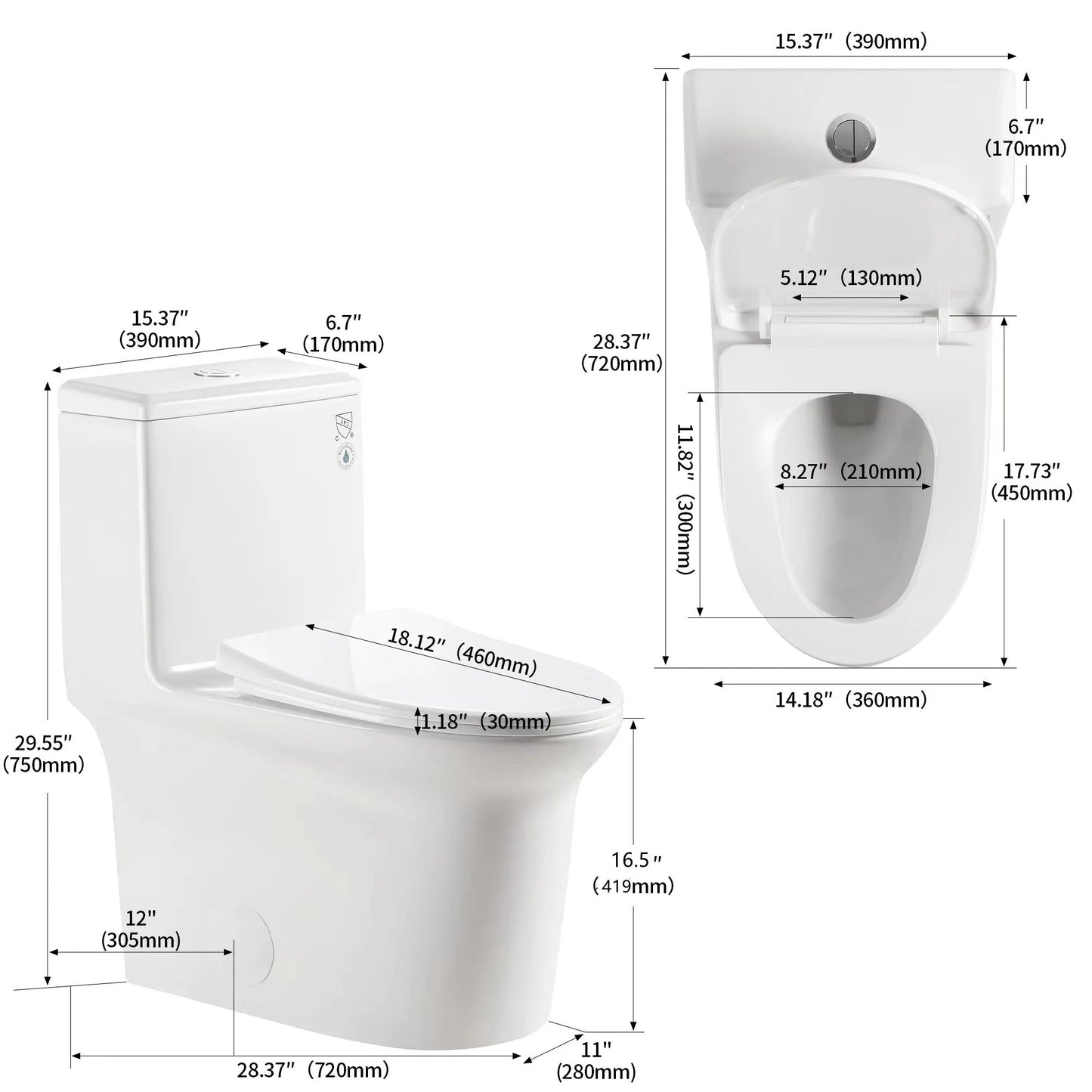 Aukfa T029-WT Elongated One Piece Toilet, Dual Flush 1.1/1.6 GPF Toilet for Bathroom, 12" Rough-In