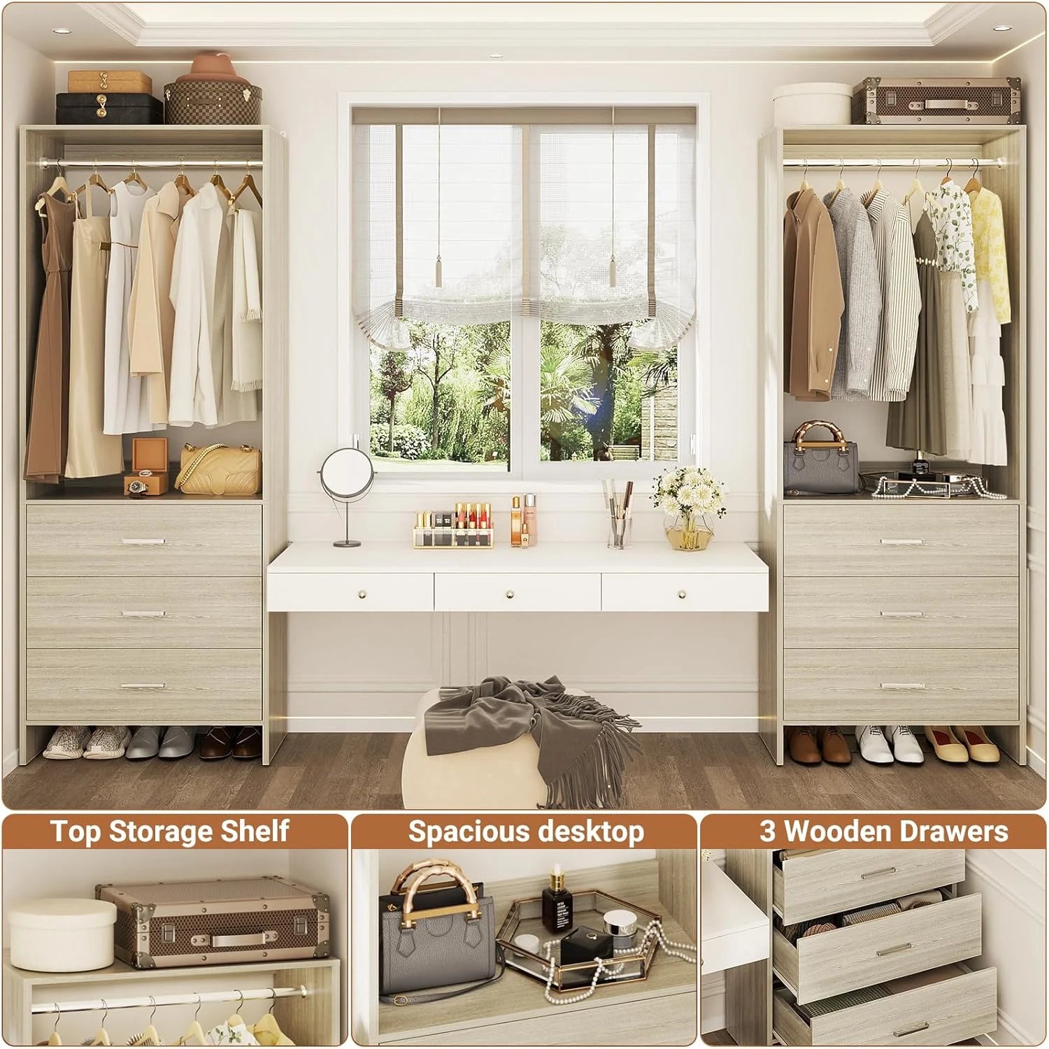Homieasy Closet System Closet Organizer, Wood Closet Organizer System, Walk-in Closet or Small Closets Wardrobe, Clothes Rack with Hanging Rods, 4FT Closets, Set of 2, White Oak