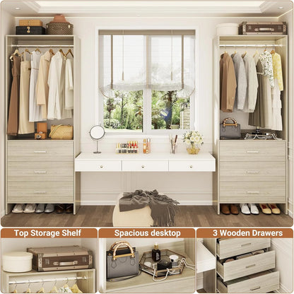 Homieasy Closet System Closet Organizer, Wood Closet Organizer System, Walk-in Closet or Small Closets Wardrobe, Clothes Rack with Hanging Rods, 4FT Closets, Set of 2, White Oak