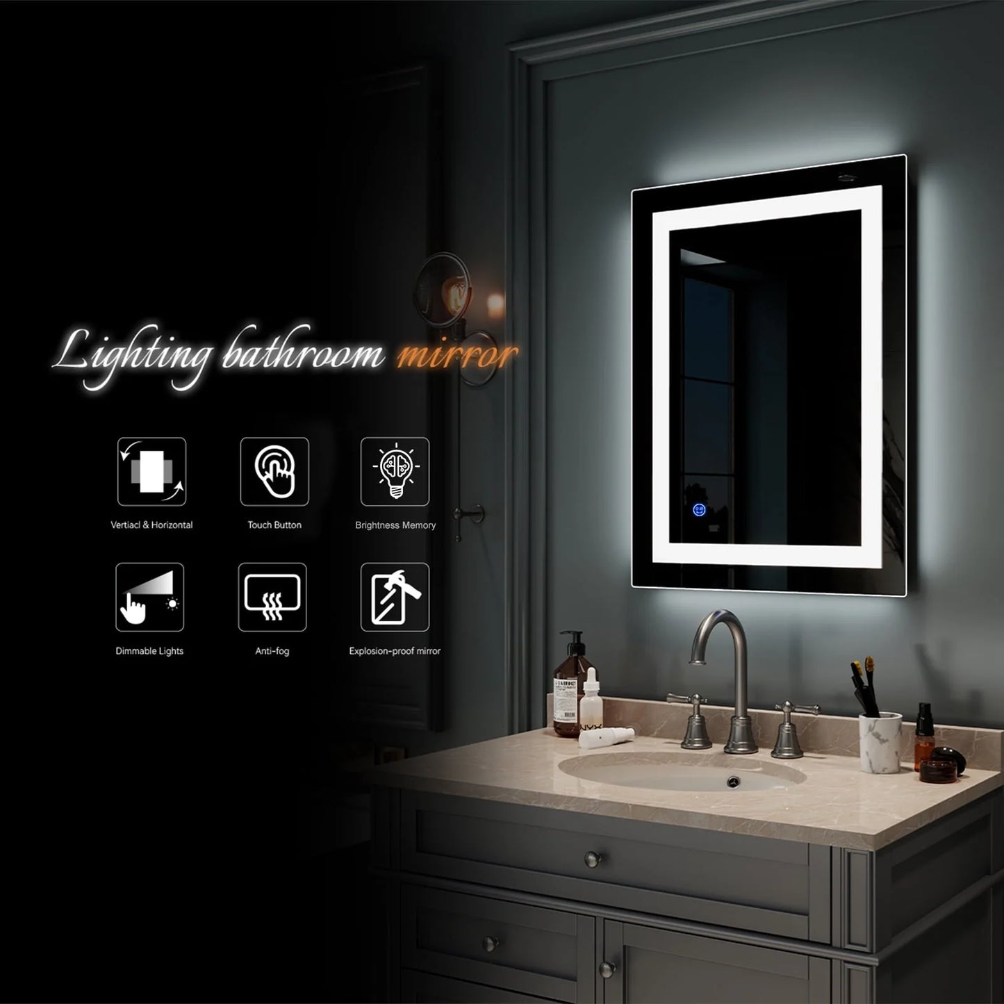 Ktaxon 32"x24" LED Lighted Bathroom Wall Mounted Mirror Vanity or Bathroom Wall Hanging Rectangle Vertical Mirror,Anti Fog+IP67 Waterproof