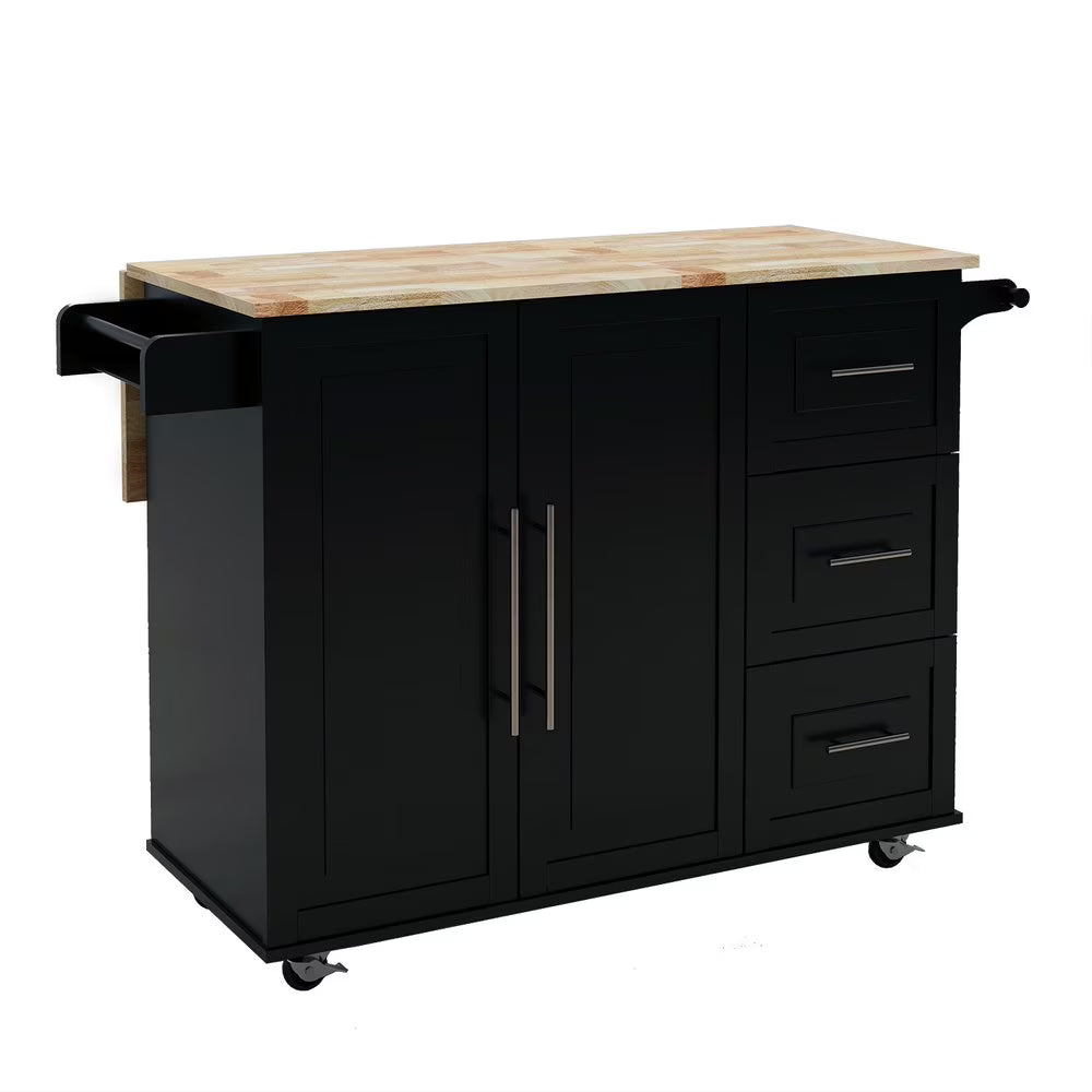 Tcbosik Kitchen Cart Rolling Storage Islands on wheels, Kitchen Cart with Drawers, Spice Rack, Towel Rack, Extensible Solid Wood Table Top, Black