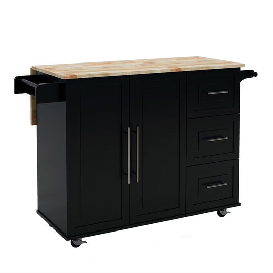 Tcbosik Kitchen Cart Rolling Storage Islands on wheels, Kitchen Cart with Drawers, Spice Rack, Towel Rack, Extensible Solid Wood Table Top, Black
