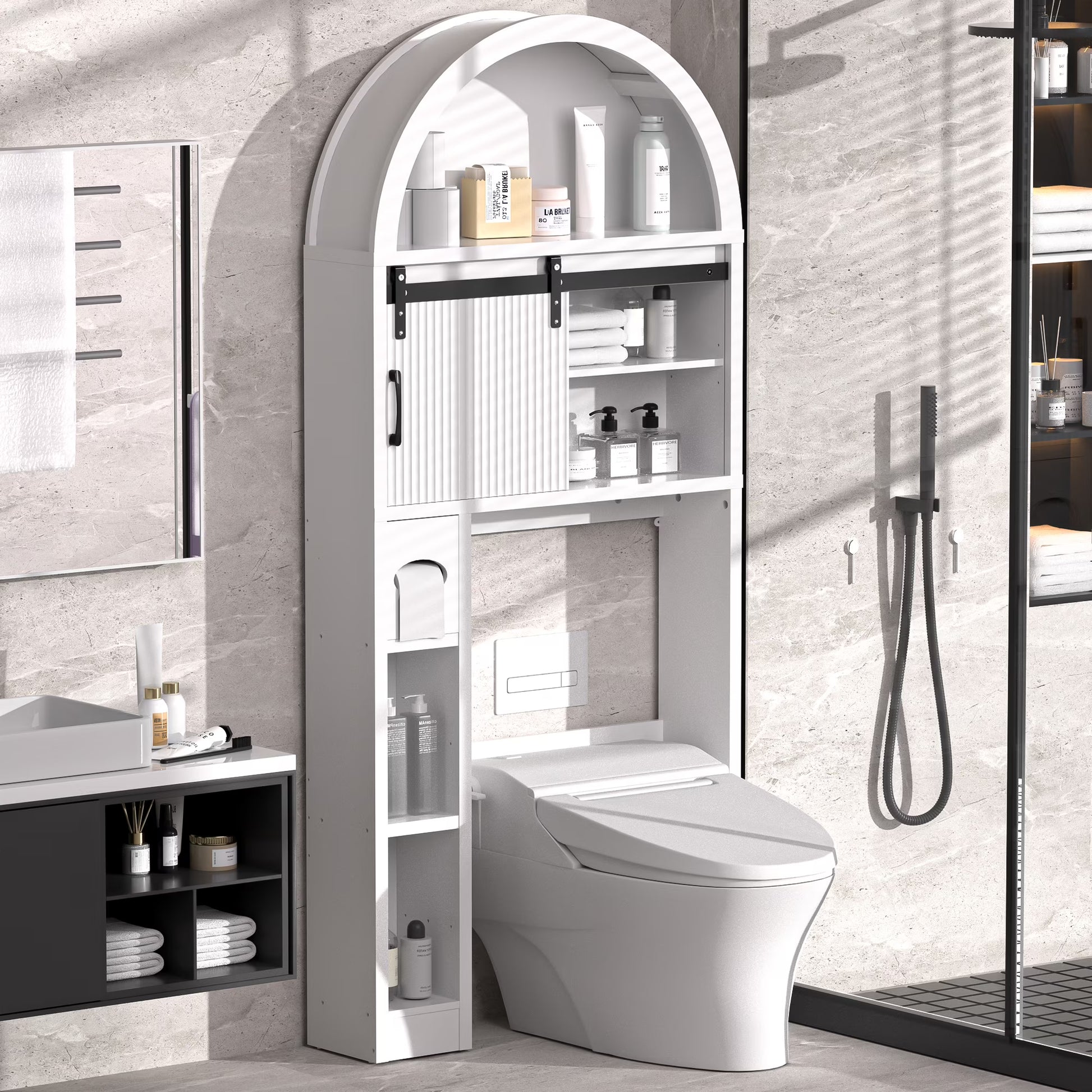 HARIPUL Over The Toilet Storage Cabinet w/Unique Wood Grain & Arc Design, Freestanding Bathroom Shelf Organizer Space Saver w/Doors & Anti-Tip Device, Wood Color