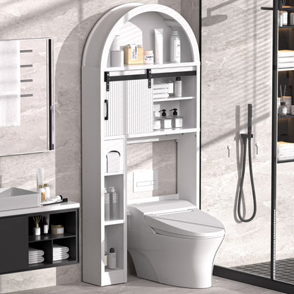 HARIPUL Over The Toilet Storage Cabinet w/Unique Wood Grain & Arc Design, Freestanding Bathroom Shelf Organizer Space Saver w/Doors & Anti-Tip Device, Wood Color