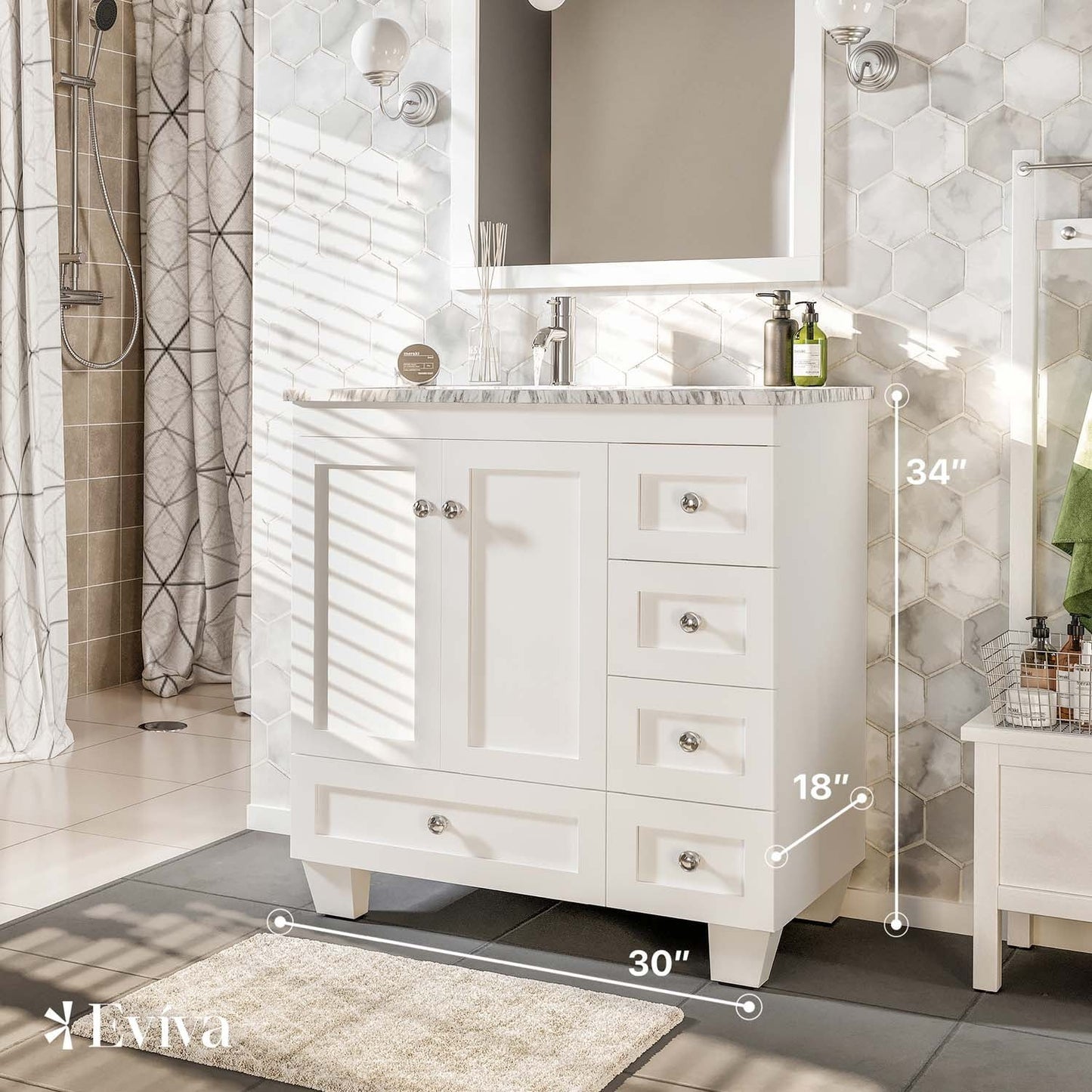 Eviva Happy 30" W x 18" D x 34" H White Bathroom Vanity with White Carrara Marble Counter-Top
