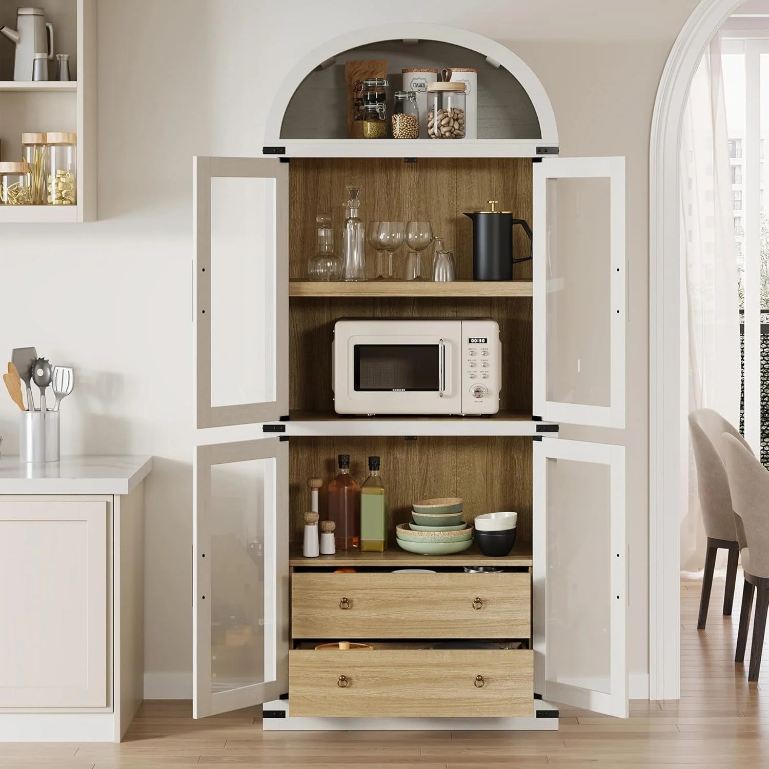 Arched Kitchen Pantry Storage Cabinet with 2 Drawers, 71-Inch Tall Farmhouse Wood Bookcase with 4 Doors for Kitchen Dining Room Bathroom