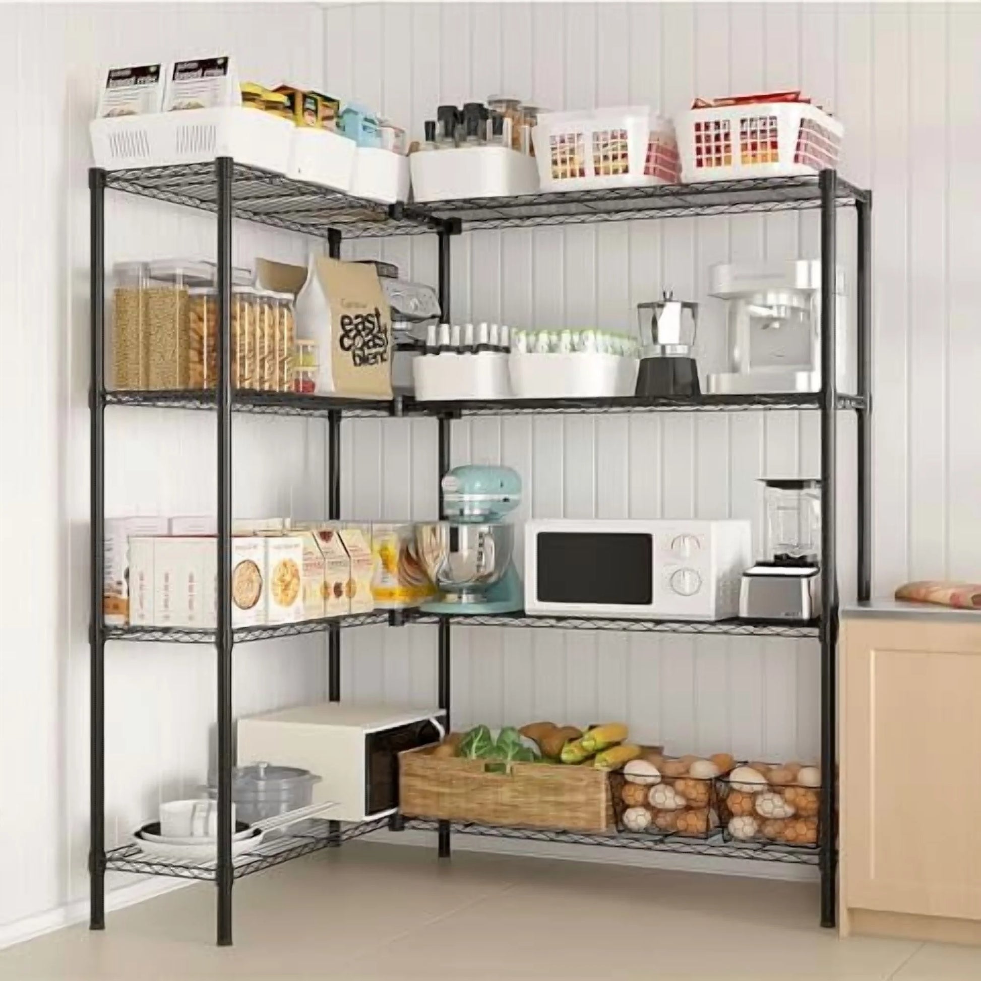 Tier Storage Shelves Standing Shelf Units NSF Wire Garage Organizer Heavy Duty Garage Shelving Unit L Shaped Clothes Rack for Corner Laundry Bathroom Kitchen Pantry Closet (Black, 4 Tire)
