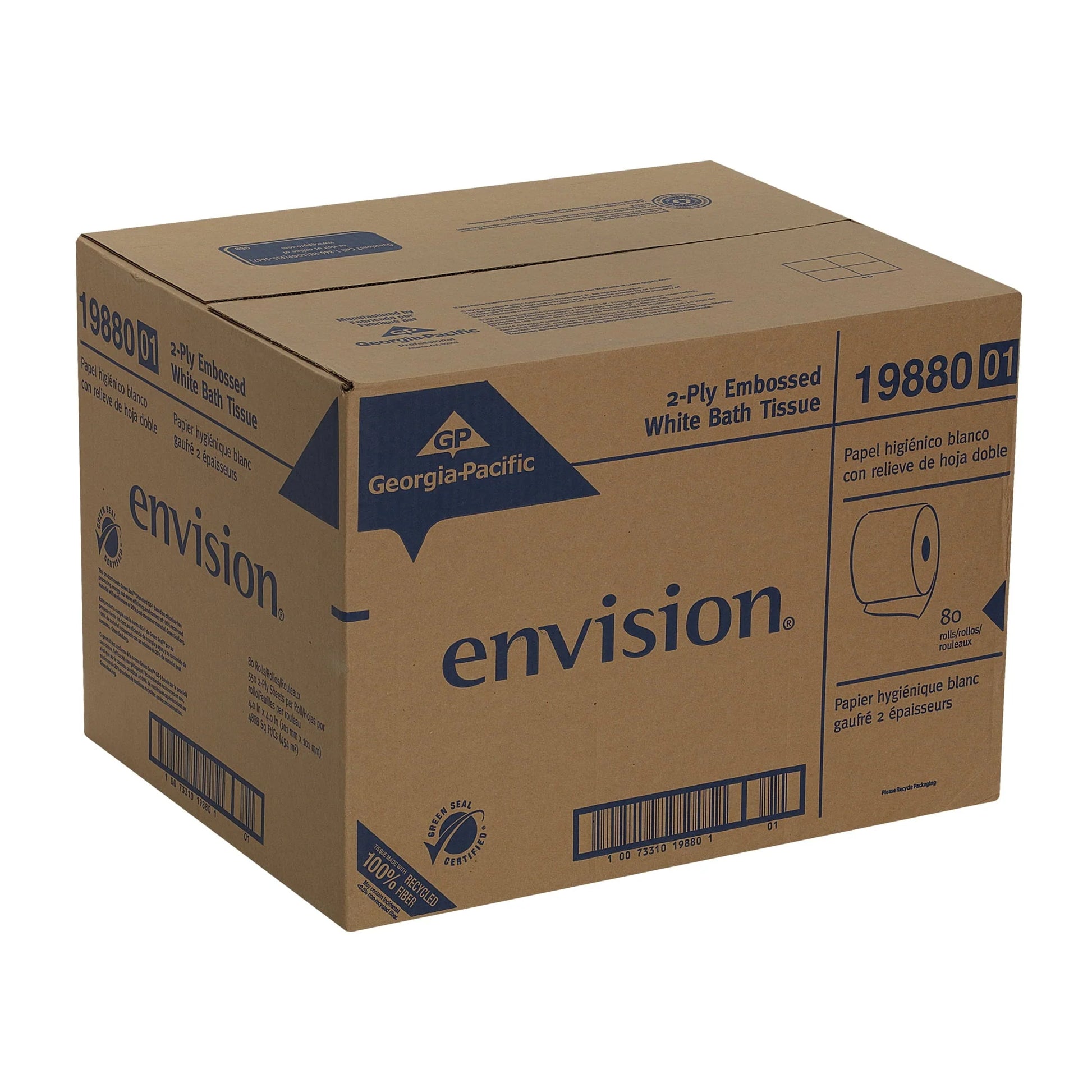 Georgia Pacific Professional Pacific Blue Basic Bathroom Tissue, Septic Safe, 2-Ply, White, 550 Sheets/Roll, 80 Rolls/Carton -GPC1988001
