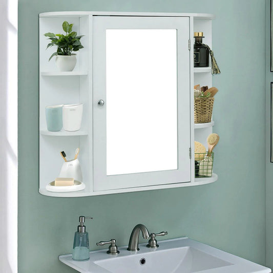 Ktaxon Wooden Bathroom Storage Cabinet with Mirror Door & 8 Shelves, Wall Mounted Medicine Cabinet Organizer Spacesaver for Kitchen Laundry Room Hotels Home, White