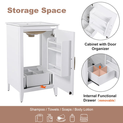20.3 Inch Bathroom Vanity with Ceramic Sink, Solid Wood Small Single Vanity with Drawer and Soft Close Doors, White Modern Bathroom Cabinet with Storage