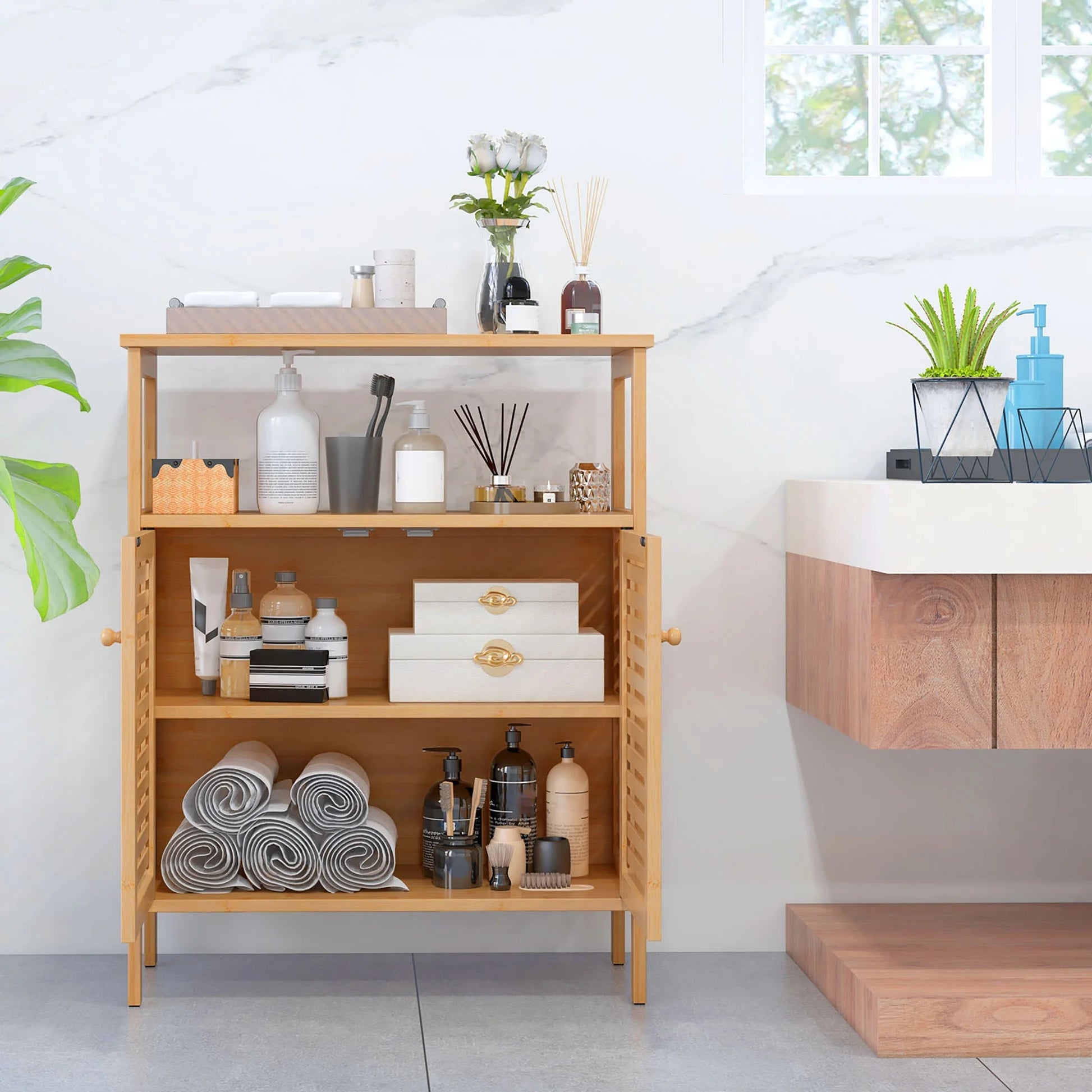 Gymax Bathroom Floor Cabinet Freestanding Bamboo Storage Organizer w/Double Shutter Doors