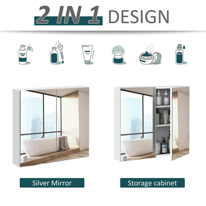 Spaco Bathroom Mirrored Cabinet with Double Doors, 24"x22" Steel Frame Medicine Cabinet, Wall-Mounted Storage Organizer, White