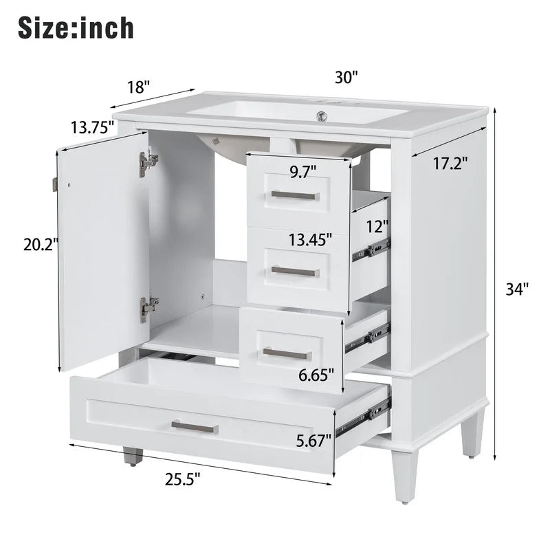 Bellemave 30" Bathroom Vanity with Sink, Cabinet with Sink Combo Set with Top, Bathroom Storage Cabinet with 3 Drawers and 1 Soft Closing Door, 30 Inch Vanity with Sink for Bathroom(White)