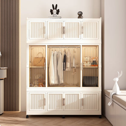 Montary Kids Portable Wardrobe w/Magnetic Doors & Hanging Rod - 4-Cube Plastic Storage Cabinet,Nursery/Bedroom