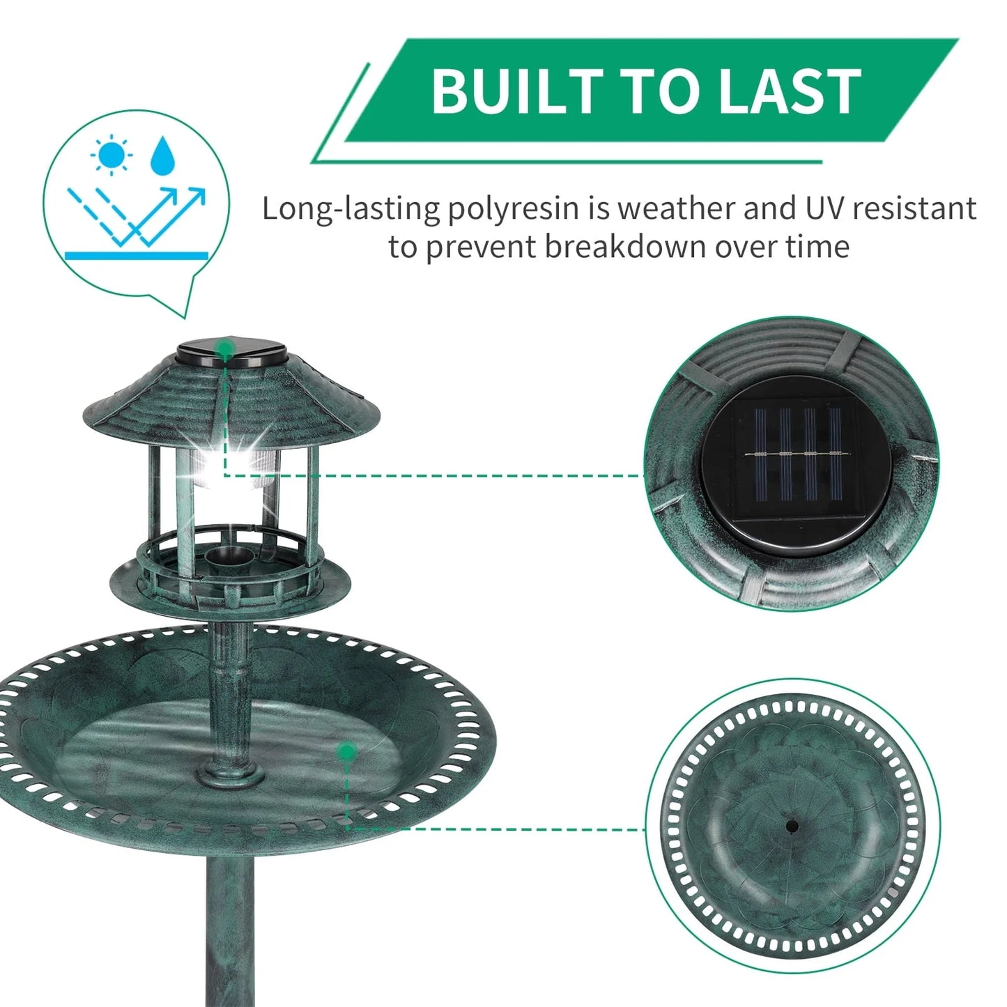 SamyoHome Wild Bird Bath Resin Pedestal Birdbaths with Solar Light Dark Green