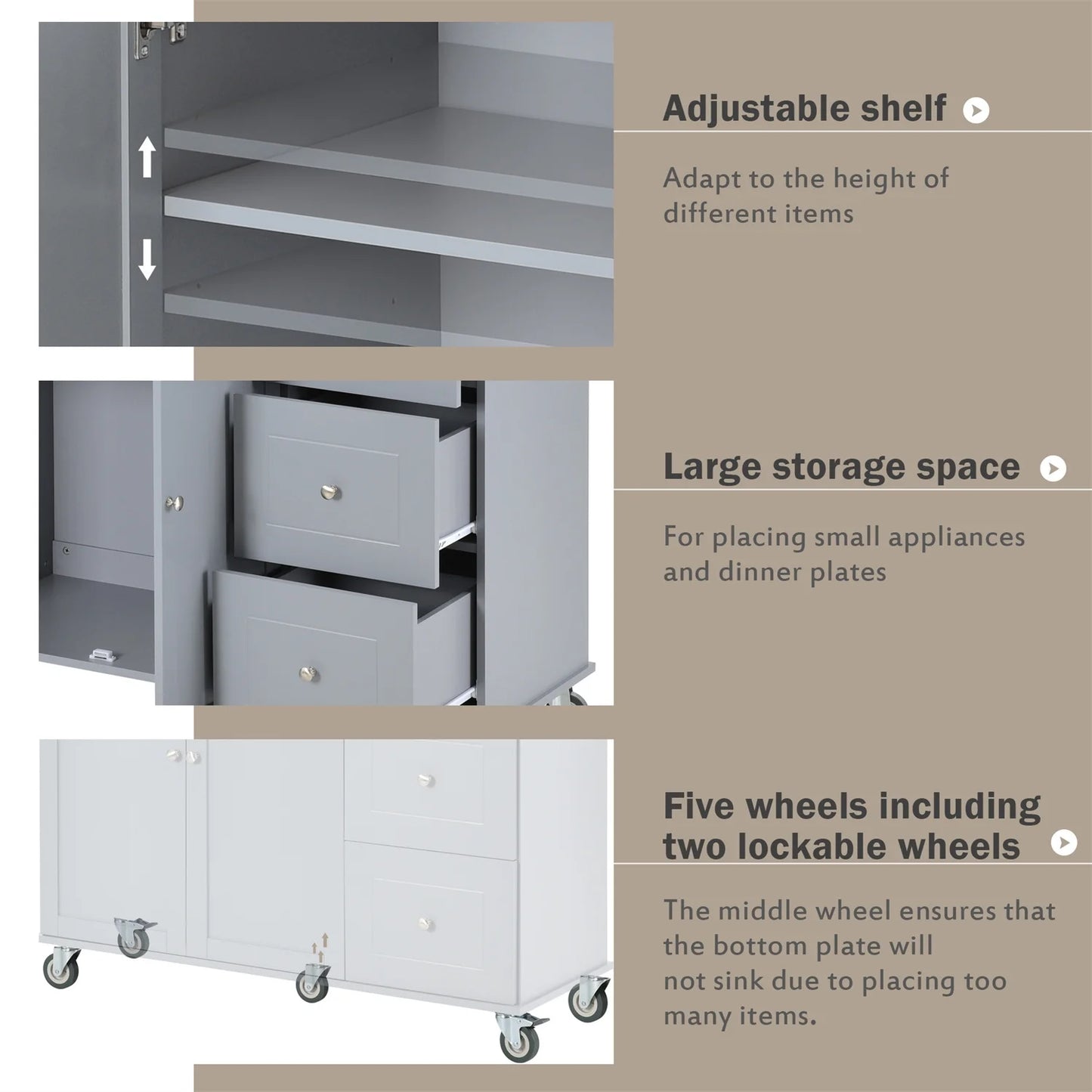Kitchen Island Cart, Drop Leaf Kitchen Island on Wheels with Spice Rack, Towel Rack and 3 Drawers, Rolling Mobile Kitchen Island with Storage Cabinets and Solid Wood Top, White