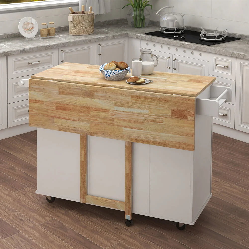 Upgraded Kitchen Island Cart with Drop-Leaf Tabletop and Locking Wheels, 43.7" Kitchen Trolley Cart with 2 Door Cabinet & 3 Storage Drawers & Spice Rack & Towel Rack, Rolling Kitchen Island Cart White