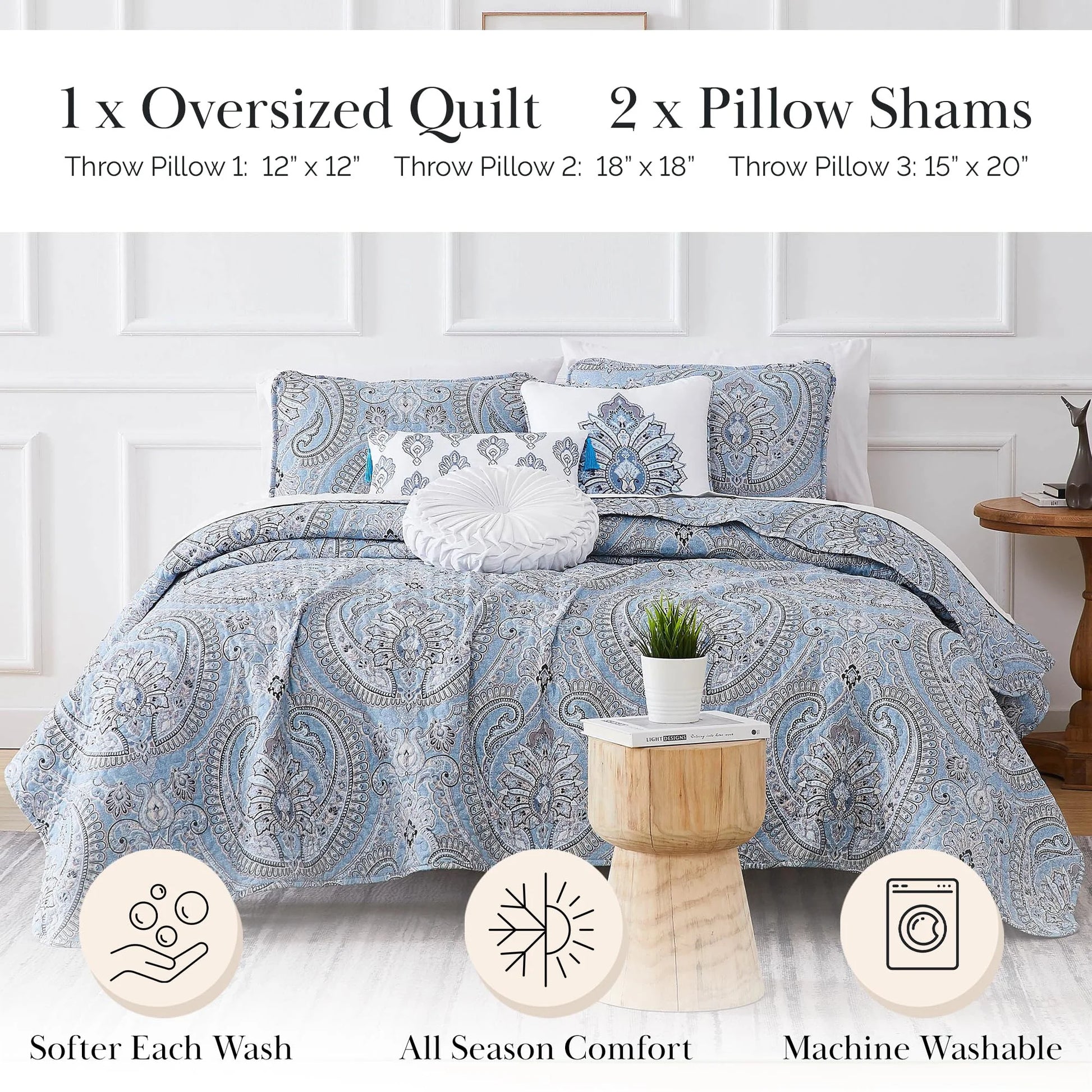 Southshore Fine LinensOversized 5-Piece Twin/Twin XL Quilt Bedding Set with two matching shams and three decorative throw pillows, oversized Paisley farmhouse bedspread Pure Melody Aqua