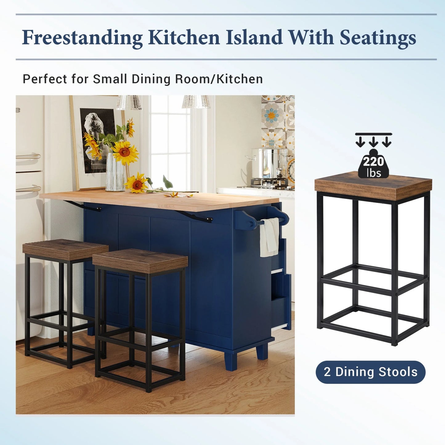 3 Pieces Farmhouse Style Kitchen Island Set with 2 Dining Stools, Kitchen Island with Adjustable Shelf, 4 Drawers, 2-Door Cabinet, Towel Rack & Rubber Wood Tabletop, Blue
