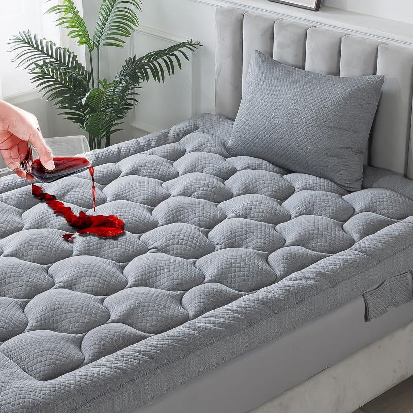 ZuoZuoMing Bamboo Mattress Topper 1000GSM with 1 Pillow Protector& Eye Mask, Side Pocket, Waterproof Mattress Protector, Cooling Extra Thick Breathable Mattress Pad Cover,8-21° Deep