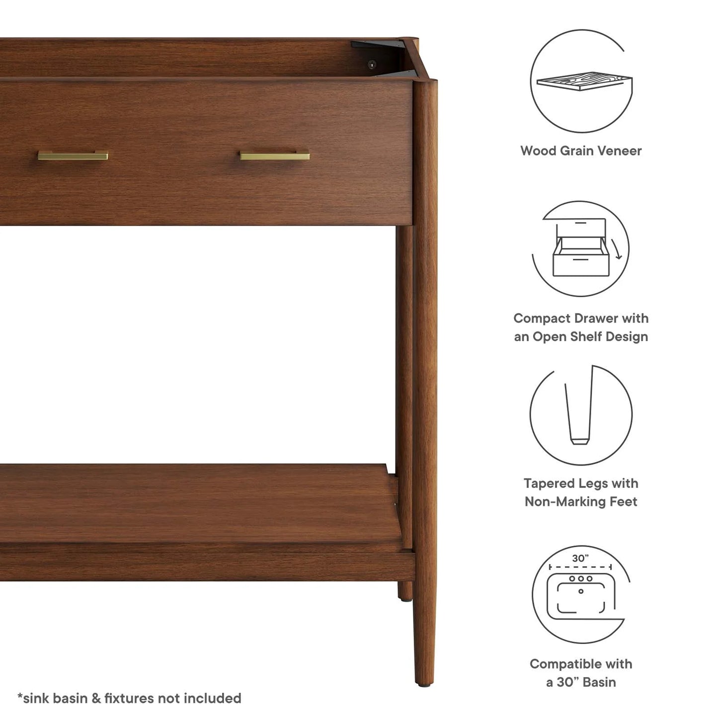 Modway Zaire 30" Bathroom Vanity Cabinet (Sink Basin Not Included) in Walnut