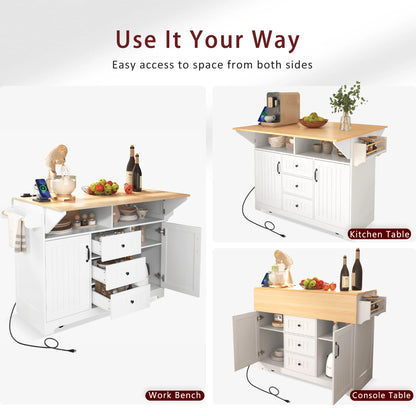 Yoneston 55.7" Kitchen Island with Drop Leaf and Power Outlet, Rolling Kitchen Cart with Spice Towel Rack, Folding Storage Dining Table with 3 Drawers 2 Doors for Kitchen Dining Room, White
