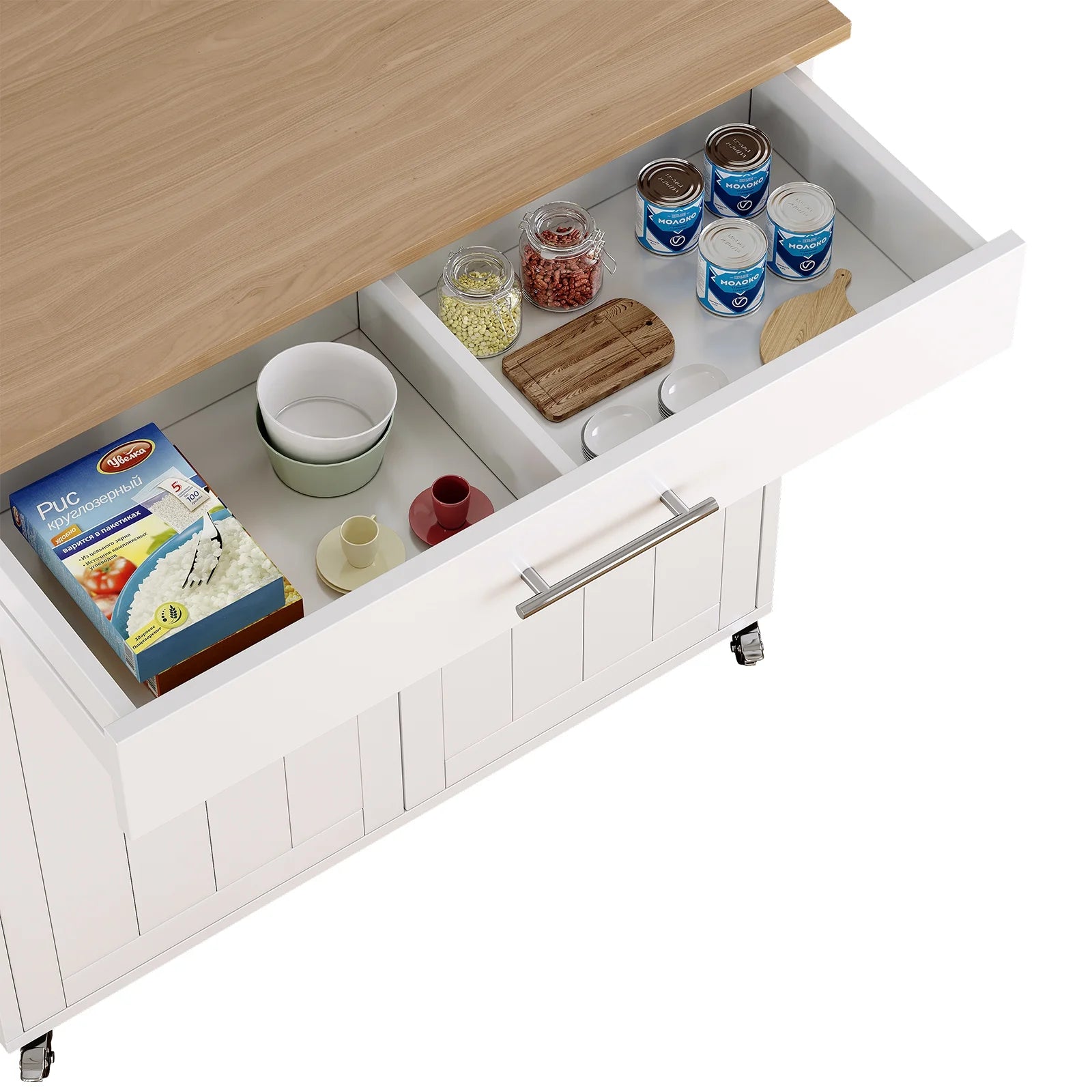Pingliang Home Rolling Kitchen Storage Carts with Towel Rack and Drawers, Kitchen Island with Wheel,Rubberwood,White, 35"