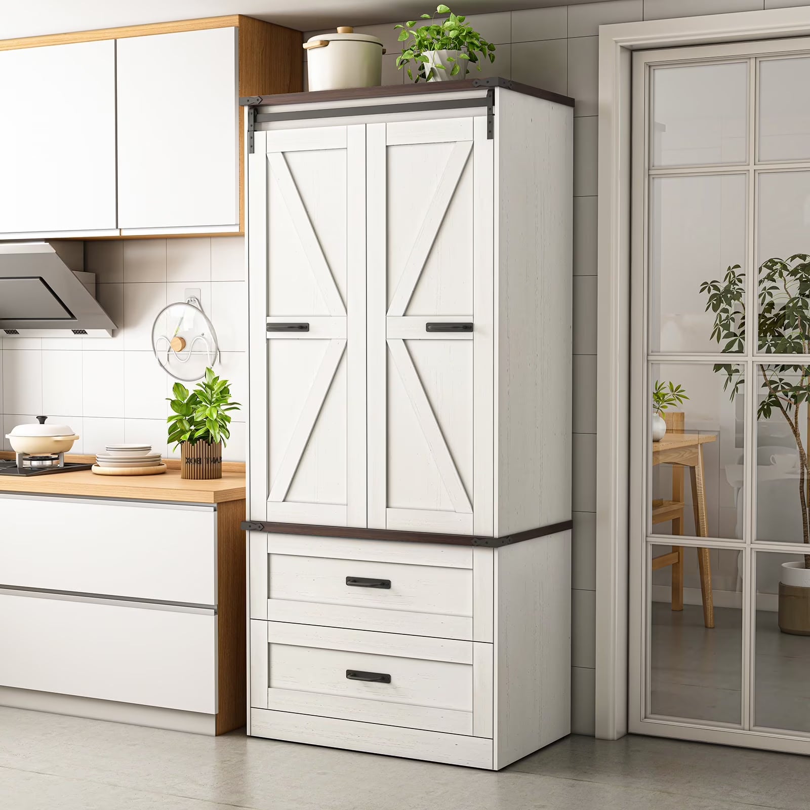 72''Tall Farmhouse Kitchen Pantry Cabinet, 3 Layers Storage Cabinet with Adjustable Shelves, 2 Drawer, Folding Door, Versatile Large Rustic Cabinet for Kitchen, Dining Room, Living Room, Bathroom