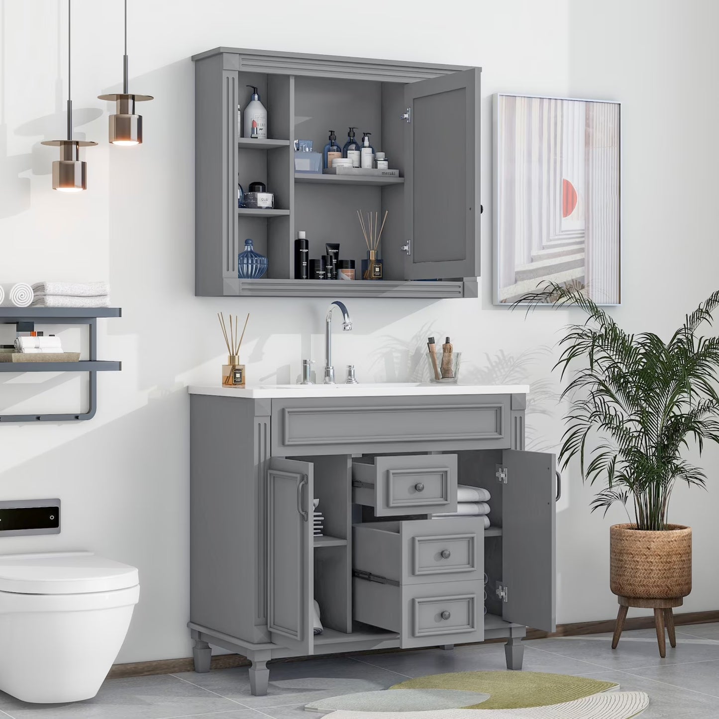 Modern Bathroom Furniture Set, 36" Bathroom Vanity with Top Sink, 35" Wall Mounted Bathroom Storage Cabinet, Mirror Cabinet with 6 Shelves, Storage Cabinet with 2 Doors and 2 Drawers, Grey