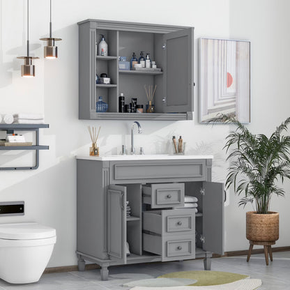 Modern Bathroom Furniture Set, 36" Bathroom Vanity with Top Sink, 35" Wall Mounted Bathroom Storage Cabinet, Mirror Cabinet with 6 Shelves, Storage Cabinet with 2 Doors and 2 Drawers, Grey