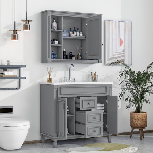 Modern Bathroom Furniture Set, 36" Bathroom Vanity with Top Sink, 35" Wall Mounted Bathroom Storage Cabinet, Mirror Cabinet with 6 Shelves, Storage Cabinet with 2 Doors and 2 Drawers, Grey