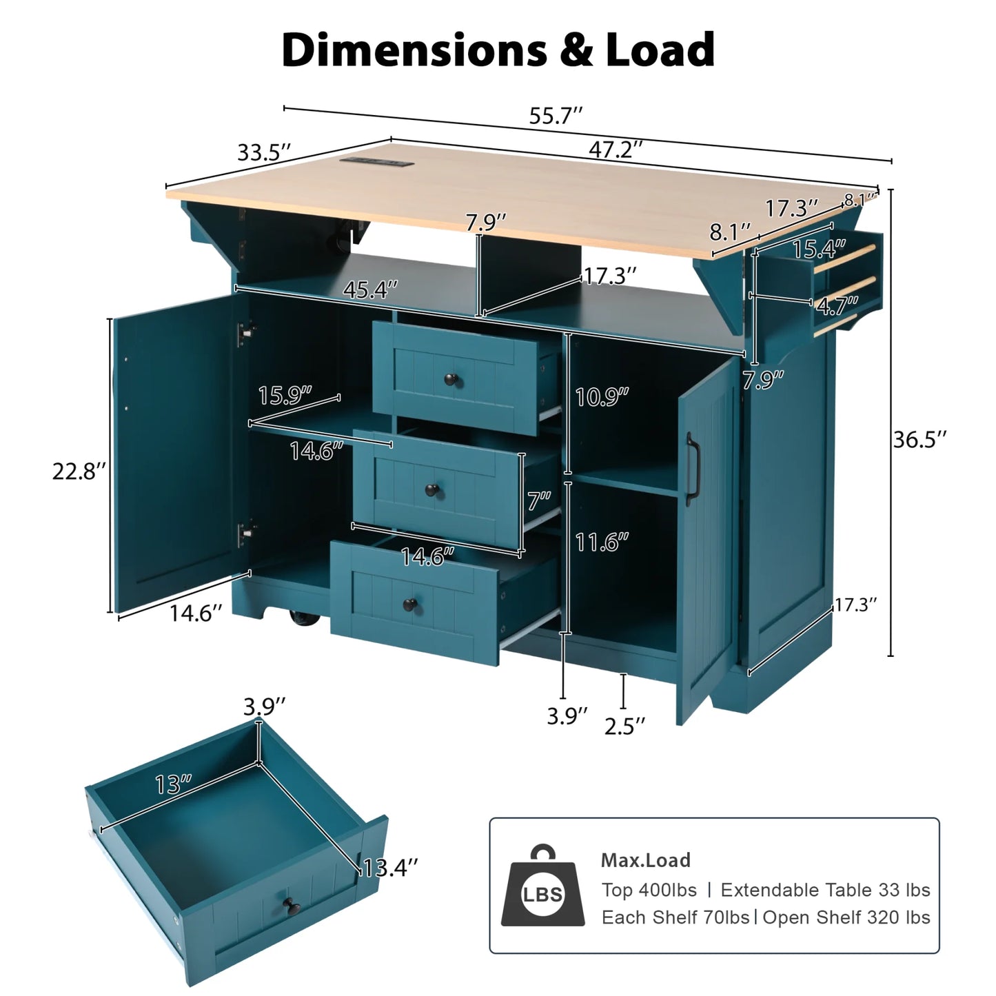 55.7'' Large Kitchen Island with 2 Drop Leaf,, Rolling Kitchen Cart on Wheels with Power Outlet, Spice & Towel Rack and 3 Drawers, Folding Storage Dining Table for Kitchen, Dining Room, Green