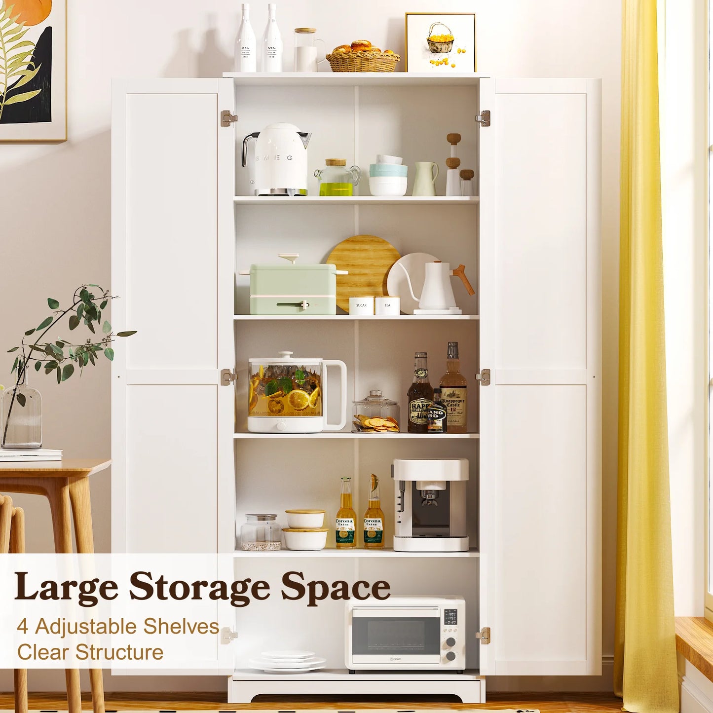 UBesGoo 72" Traditional Freestanding Kitchen Pantry Cabinet Wardrobe Armoire with 4 Adjustable Shelves, White