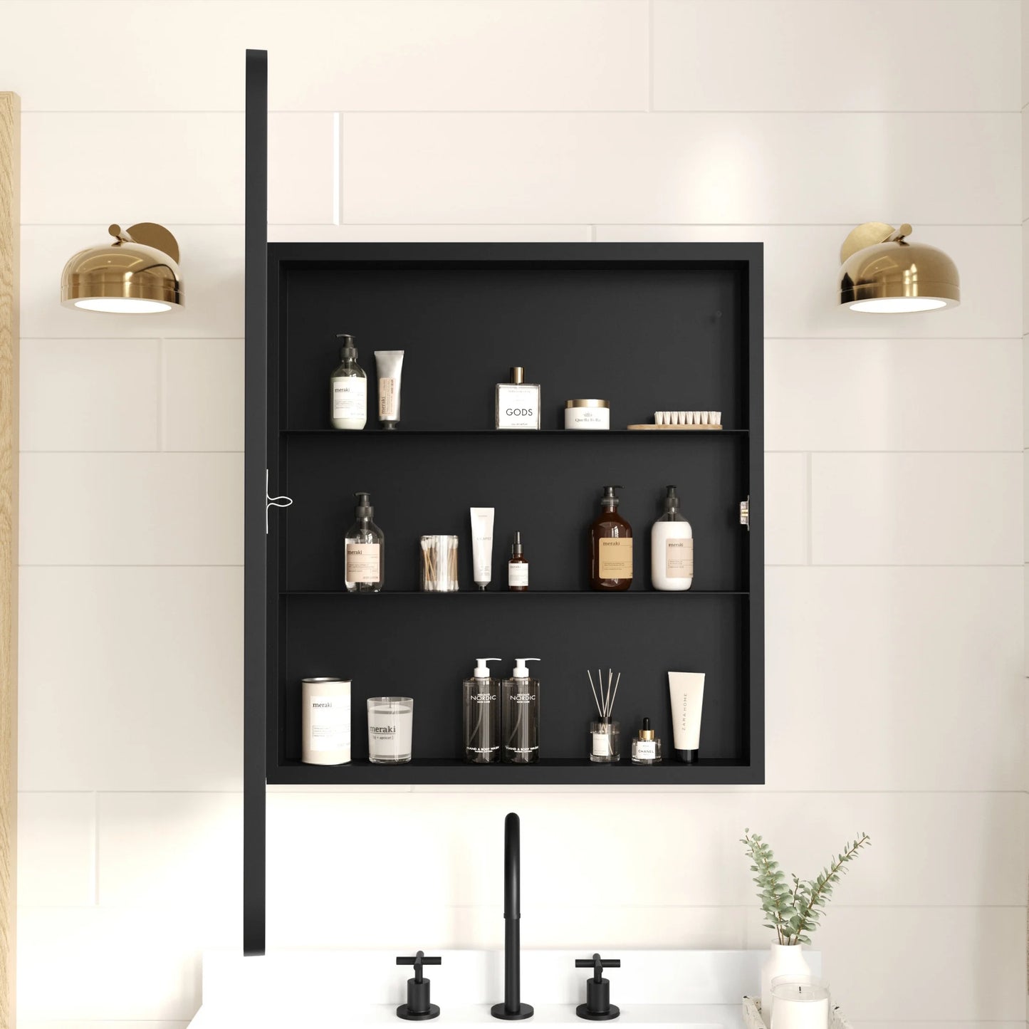 Merrick Lane 24" x 30" Reversible Bathroom Wall Medicine Cabinet with Rounded Rectangular Beveled Mirror and Black Metal Frame and Shelves