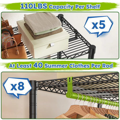 EnHomee Heavy Duty Clothes Rack with 5 Hanging Rods & 8 Shelves,Max Load 905 LBS Adjustable Metal Wardrobe Closet Organizer,Black