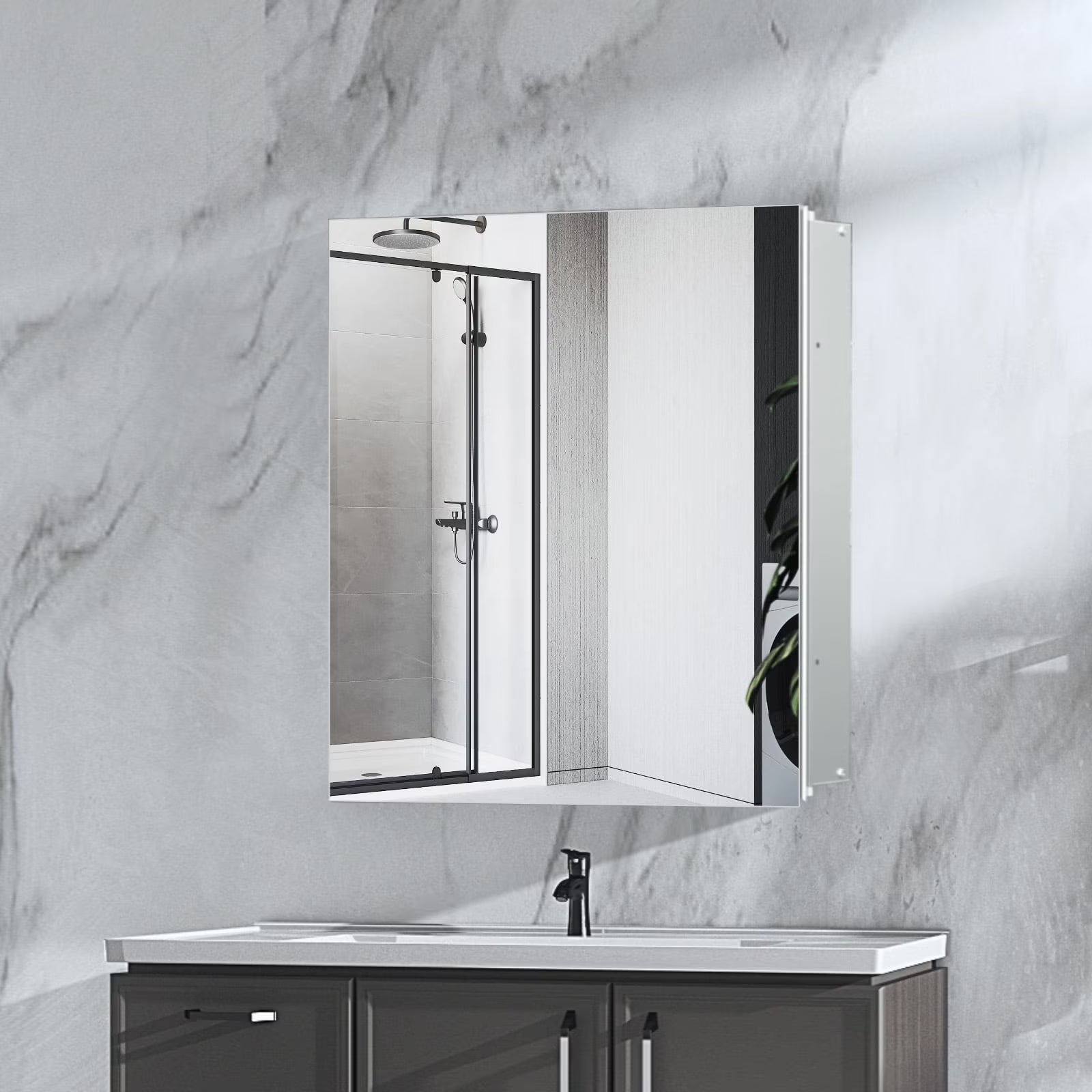 FUMANGO Aluminum Bathroom Medicine Cabinet, 24" x 24", firm and durable, waterproof and rust-proof, recessed or surface mounted,,Assembly required