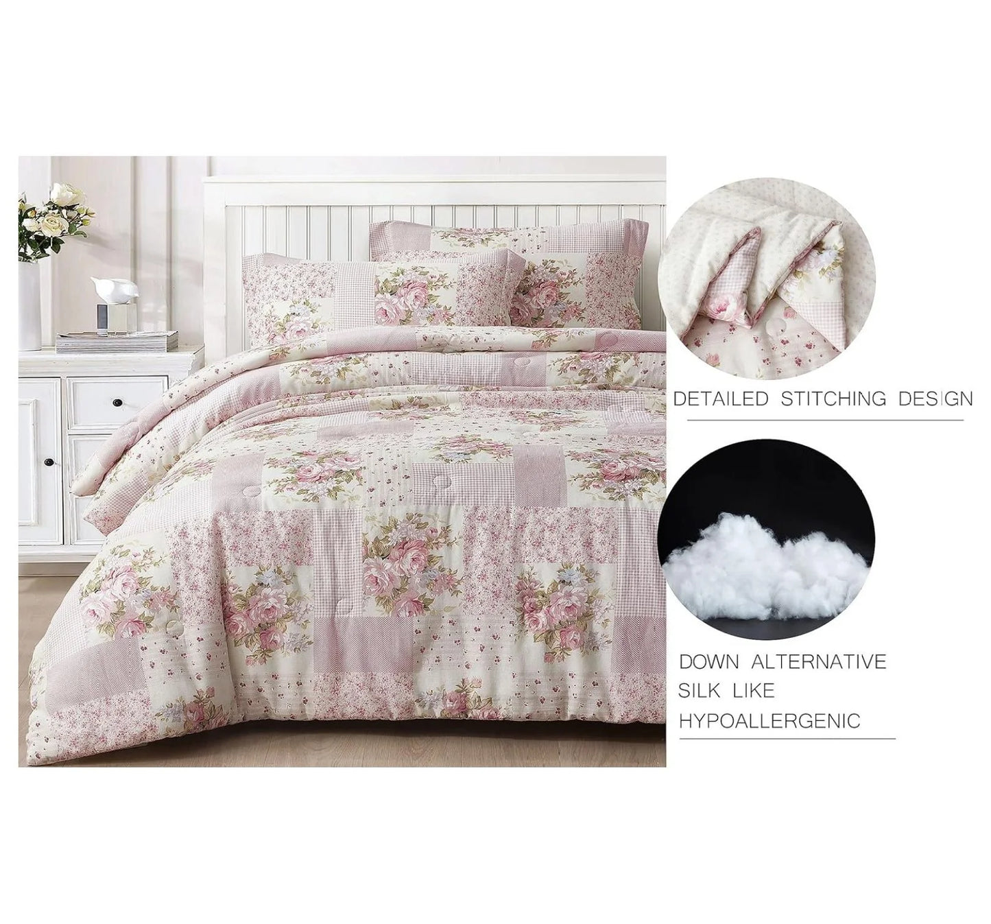 YOSITiuu Rosy 3-Piece Queen Size Washed Cotton Comforter Set - Floral Bedding Set Ivory Green Flower Polka Dot Printed Patchwork Reversible Lightweight Comforter for All Season