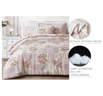 YOSITiuu Rosy 3-Piece Queen Size Washed Cotton Comforter Set - Floral Bedding Set Ivory Green Flower Polka Dot Printed Patchwork Reversible Lightweight Comforter for All Season