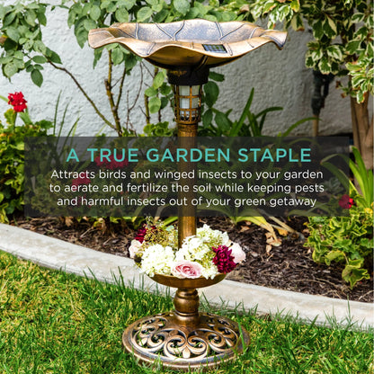 Best Choice Products Solar Lighted Pedestal Bird Bath w/Planter, Integrated Panel - Bronze