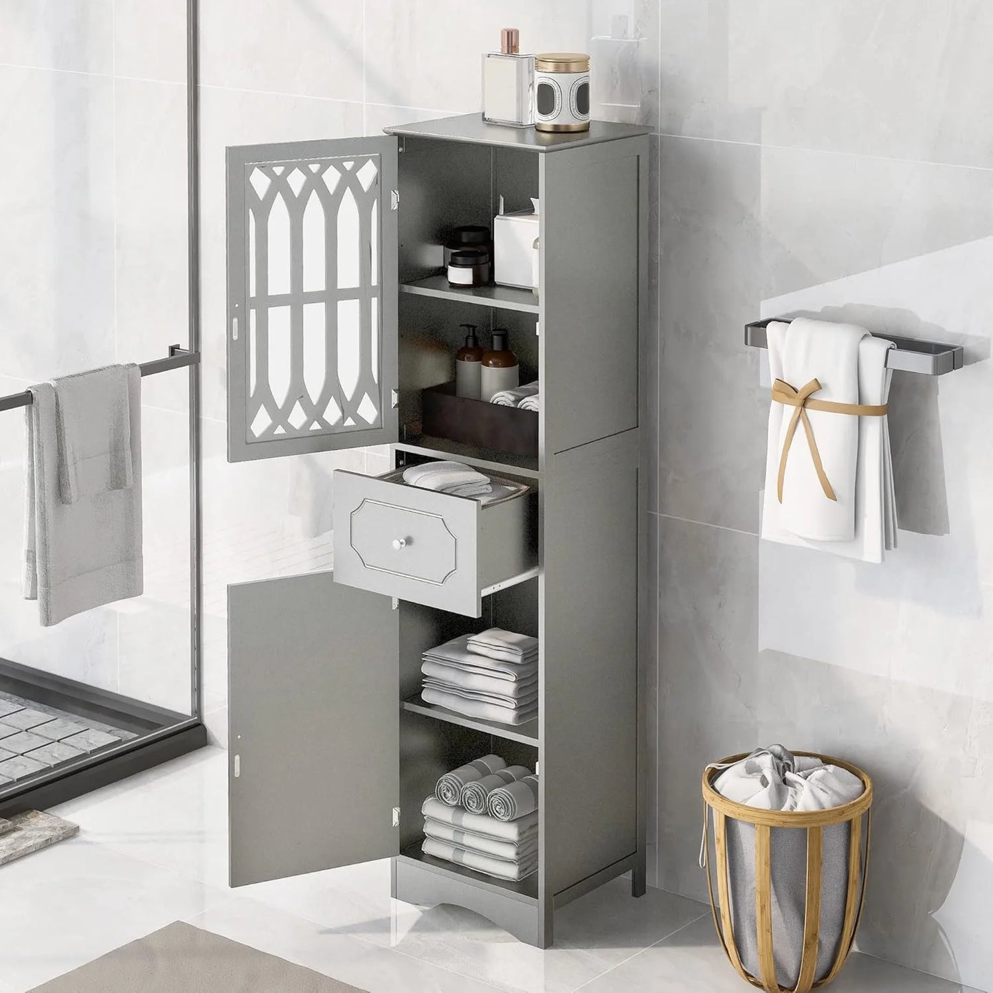 Royard Oaktree Tall Bathroom Cabinet with Drawer and Doors Freestanding Storage Cabinet with Hutch Modern Narrow Kitchen Pantry Sideboard Cabinets for Living Room Bedroom Office, White