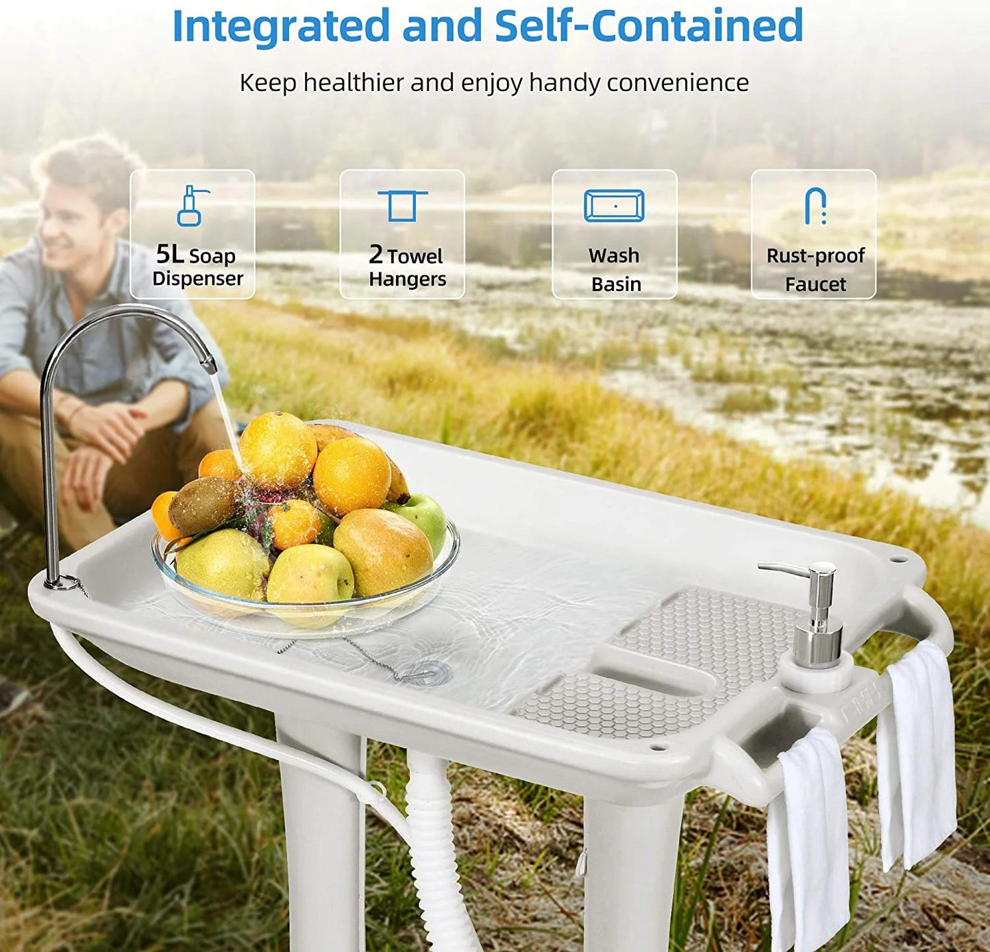 Portable Sink Camping 30 L with Rolling Wheels, Hand Washing Station with 30 L Sewage Tank, Rolling Wheels, Soap Dispenser, Towel Holder, Ideal for Outdoor, White