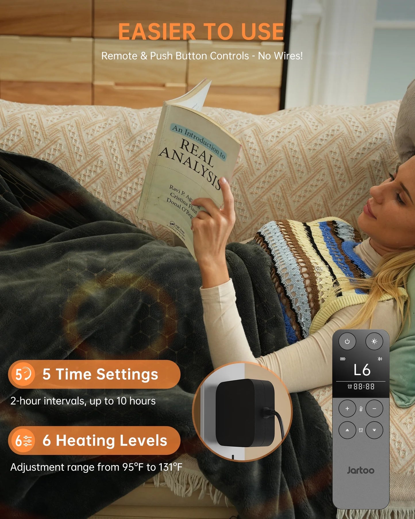 Jartoo Nano Heated Throw Blanket, 24V Safe Washable, Rapid Heat, 6 Heat Levels(50"x60", Grey)