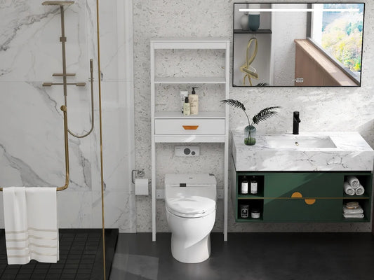 Over The Toilet Storage Cabinet with Drawer and 2 Shelves,Bathroom Space Saver Storage Rack,Toilet Shelf Organizer,White